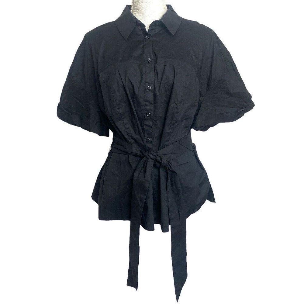 Eloquii‎ Womens Tie Waist Button Down Blouse Short Sleeve Black Size 16